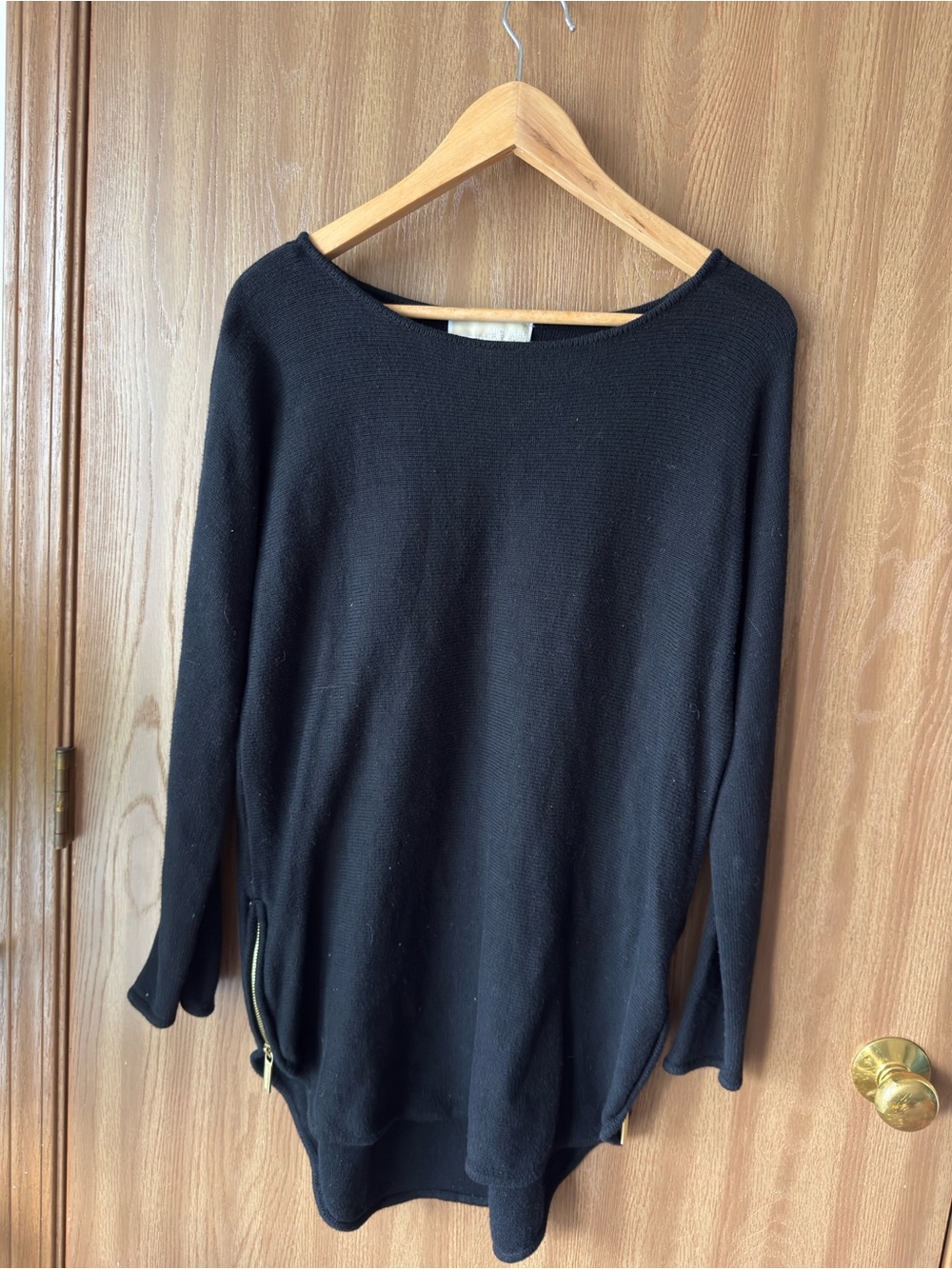 Michael Kors Black Long-Sleeve Knit Sweater with Gold Zipper Accents